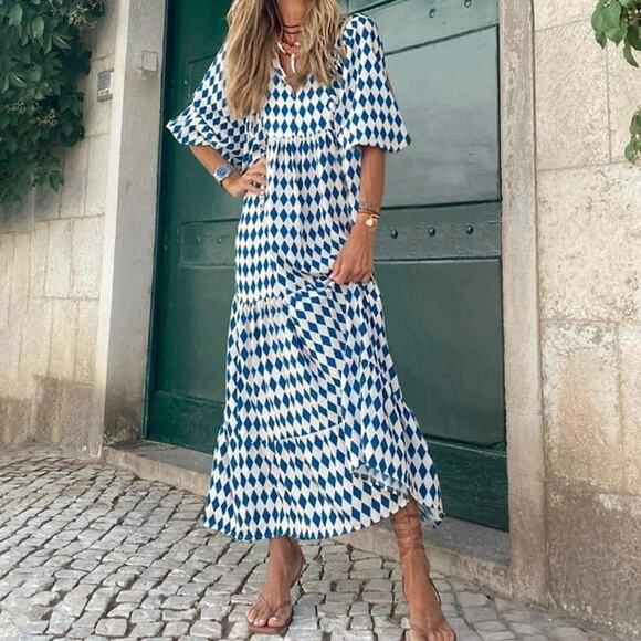 SHEIN Dresses & Skirts - SHEIN • Blue + White Argyle Diamond Print Bohemian Light Maxi Dress